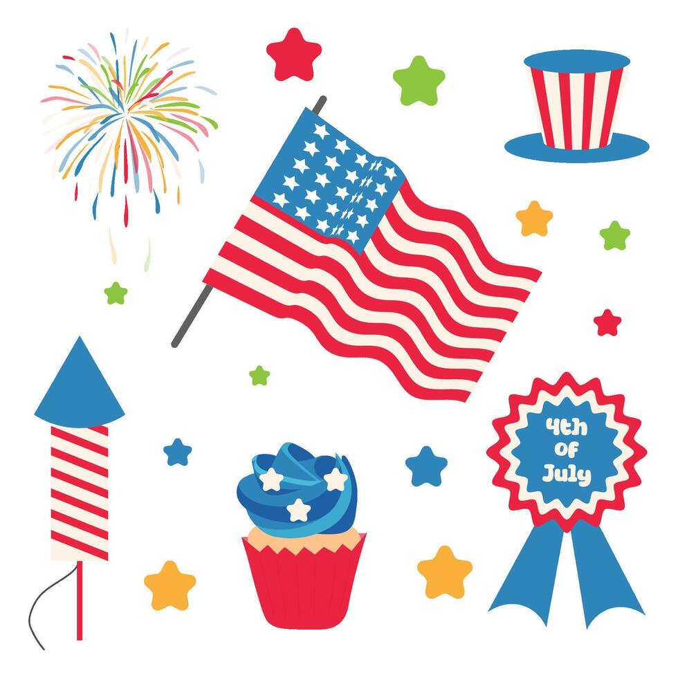 4th of july sticker set. Independence day. illustration. Isolated on transparent background. vector