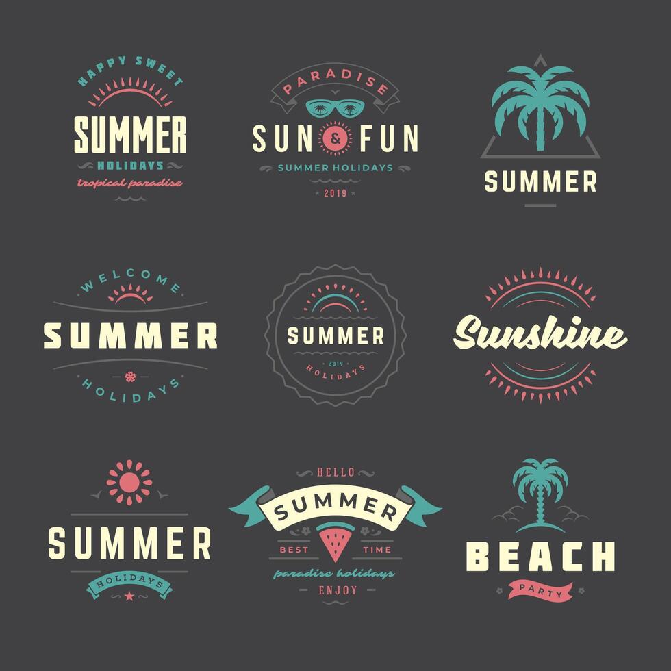 Summer holidays labels and badges retro typography design set. vector