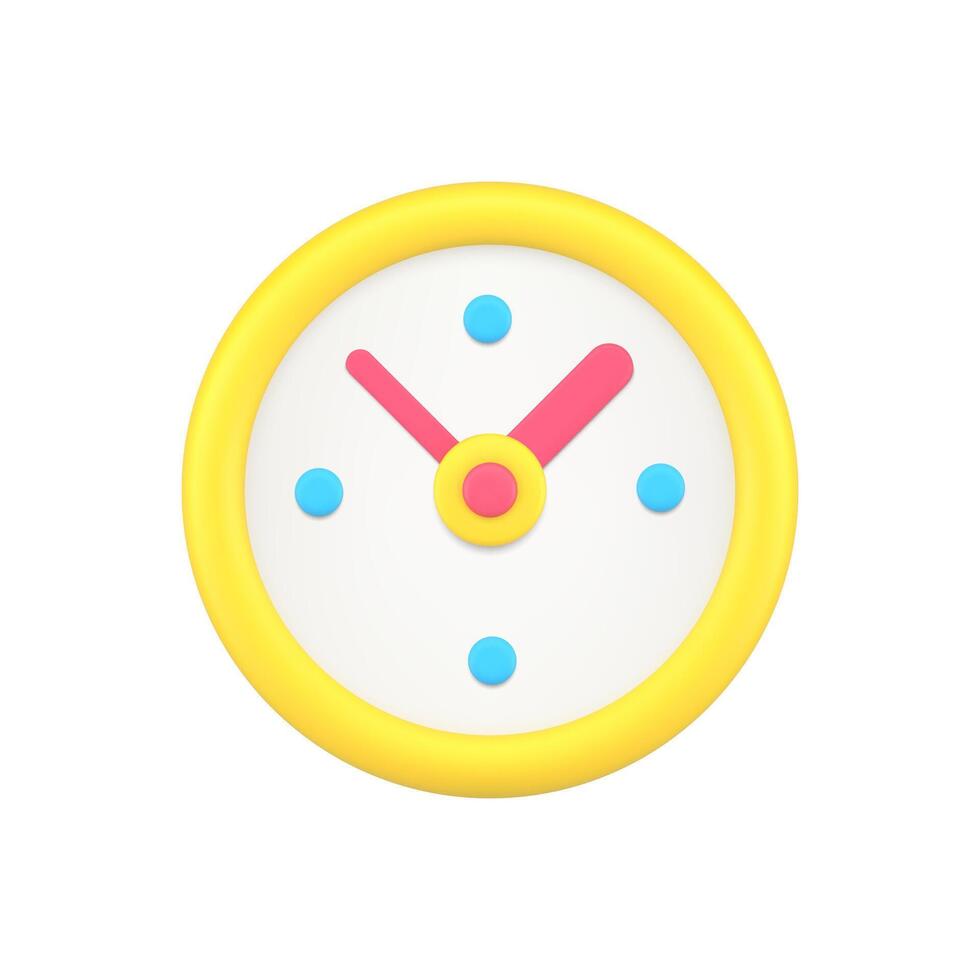 Rounded yellow alarm clock with time arrows 3d icon illustration. Circle badge analog watch vector