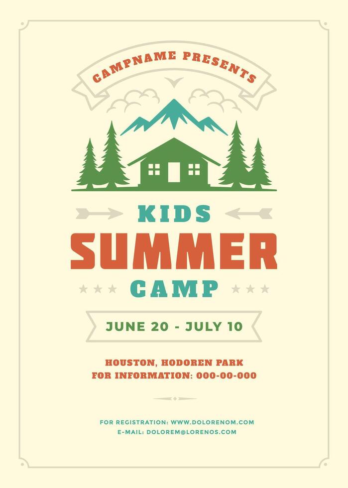 Kids summer camp poster or flyer event retro typography design template and forest lanscape and tent background. vector