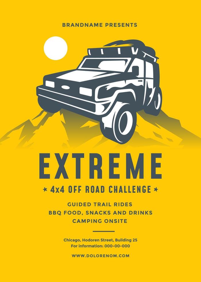 Off road truck competition poster or flyer event modern typography design template and 4x4 suv car silhouette. vector