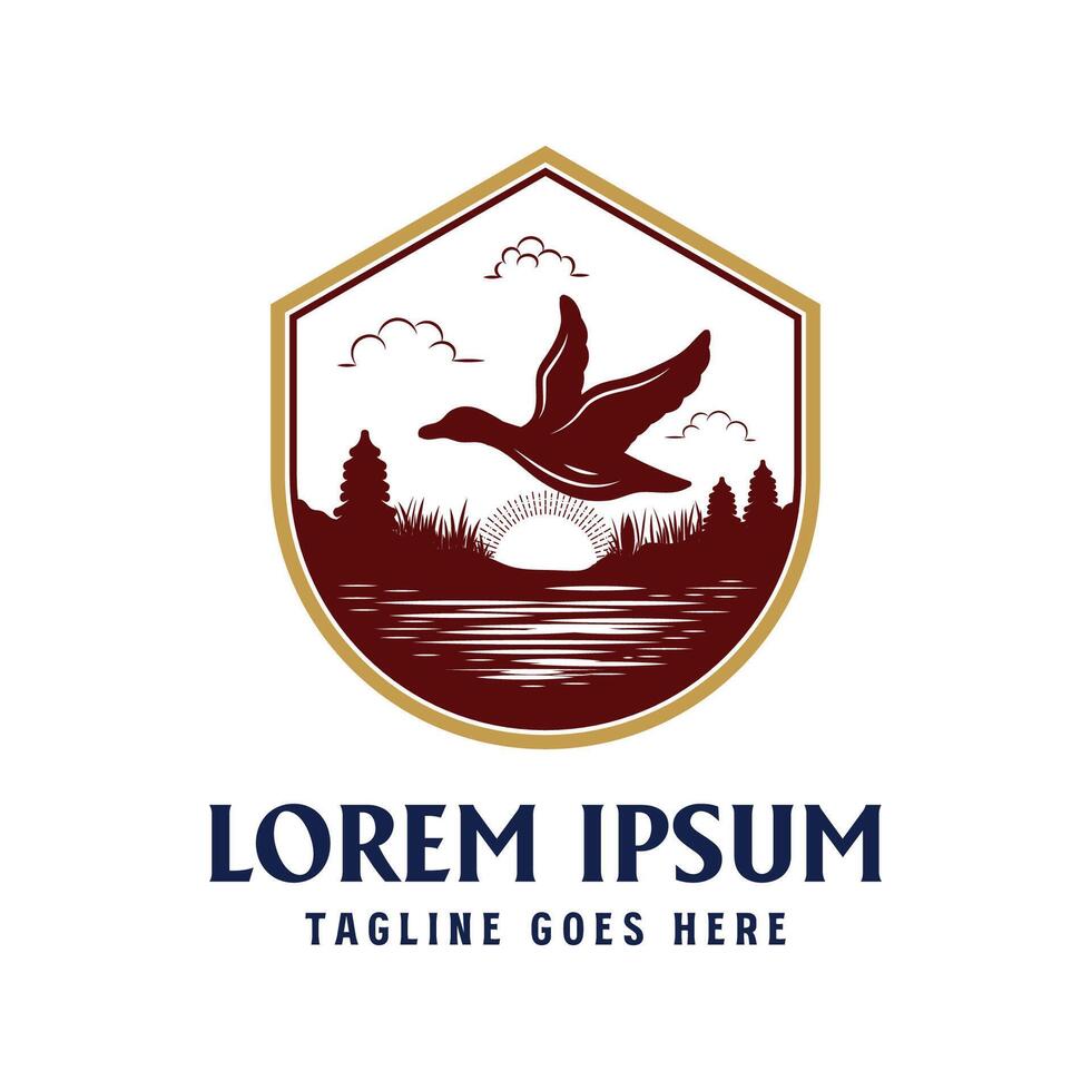 Vintage Retro Sunset Lake River Creek with Flying Duck Goose Badge Emblem Label Design vector