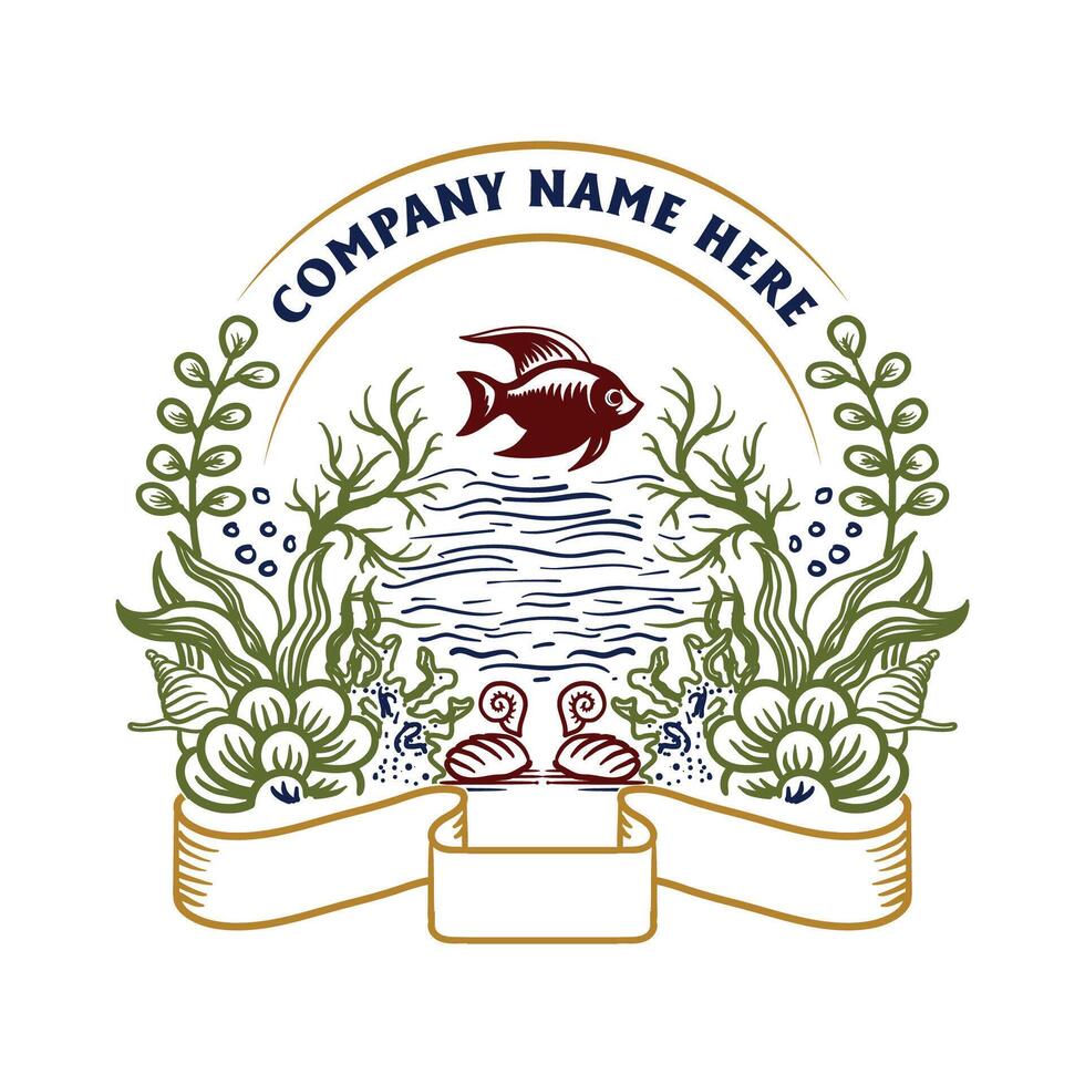 Vintage Retro Ocean Sea Reef Snail and Fish Badge Emblem Label for Aquarium Illustration vector