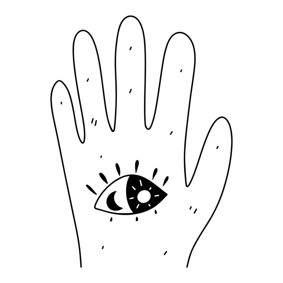 Esoteric hand with eye. Hand drawn doodle style. illustration isolated on white. Coloring page. vector