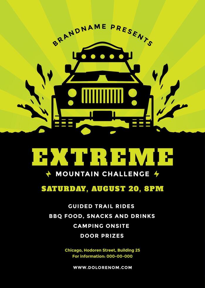 Off road truck competition poster or flyer event modern typography design template and 4x4 suv car silhouette. vector