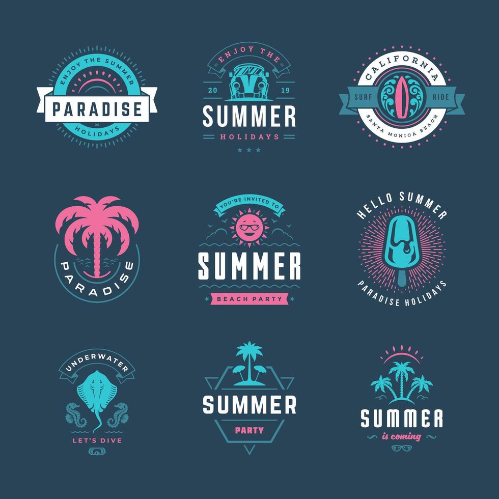 Summer holidays labels and badges retro typography design set. vector