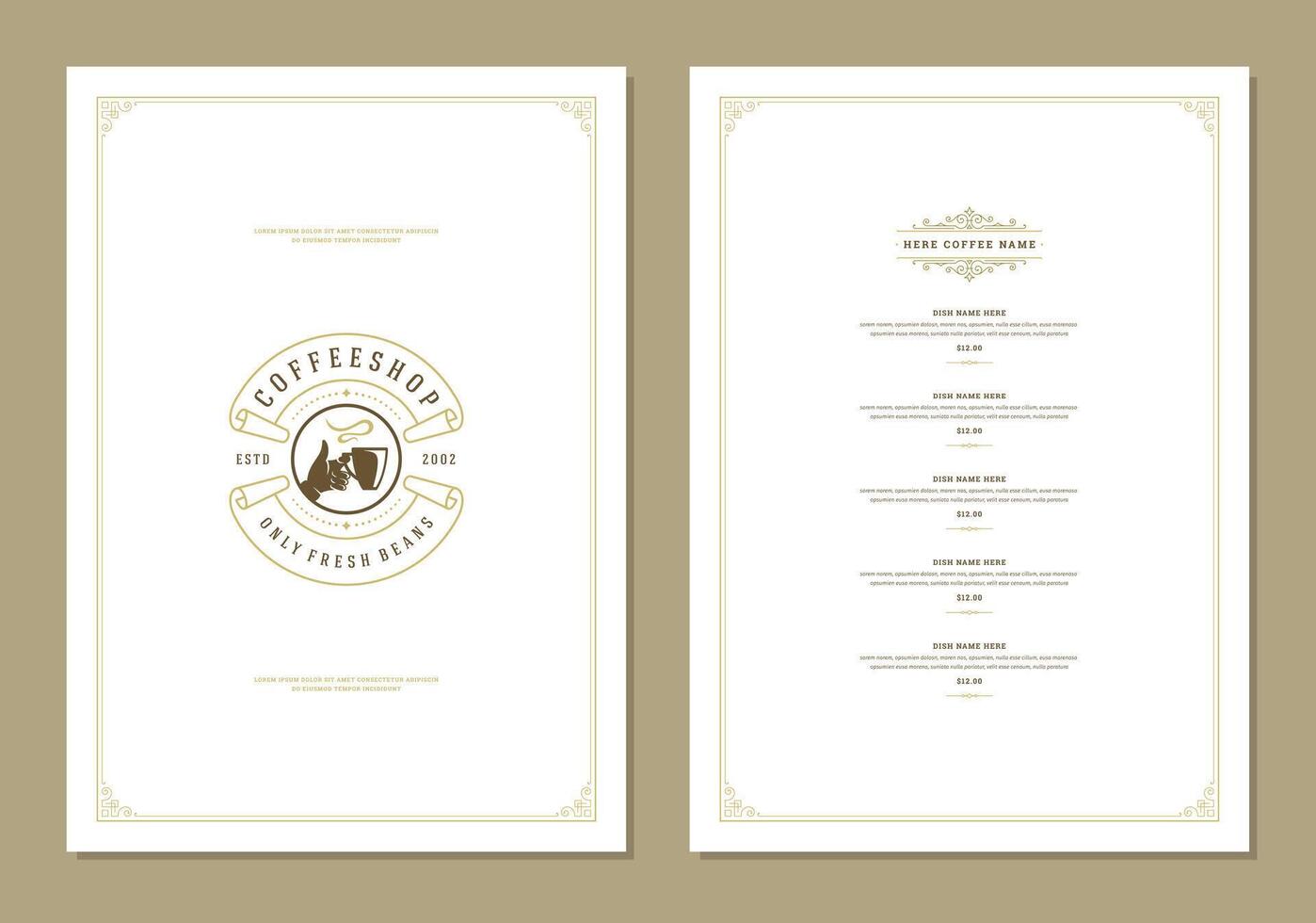 Coffee menu template design flyer for bar or cafe with coffee mug symbol and retro typographic decoration elements vector