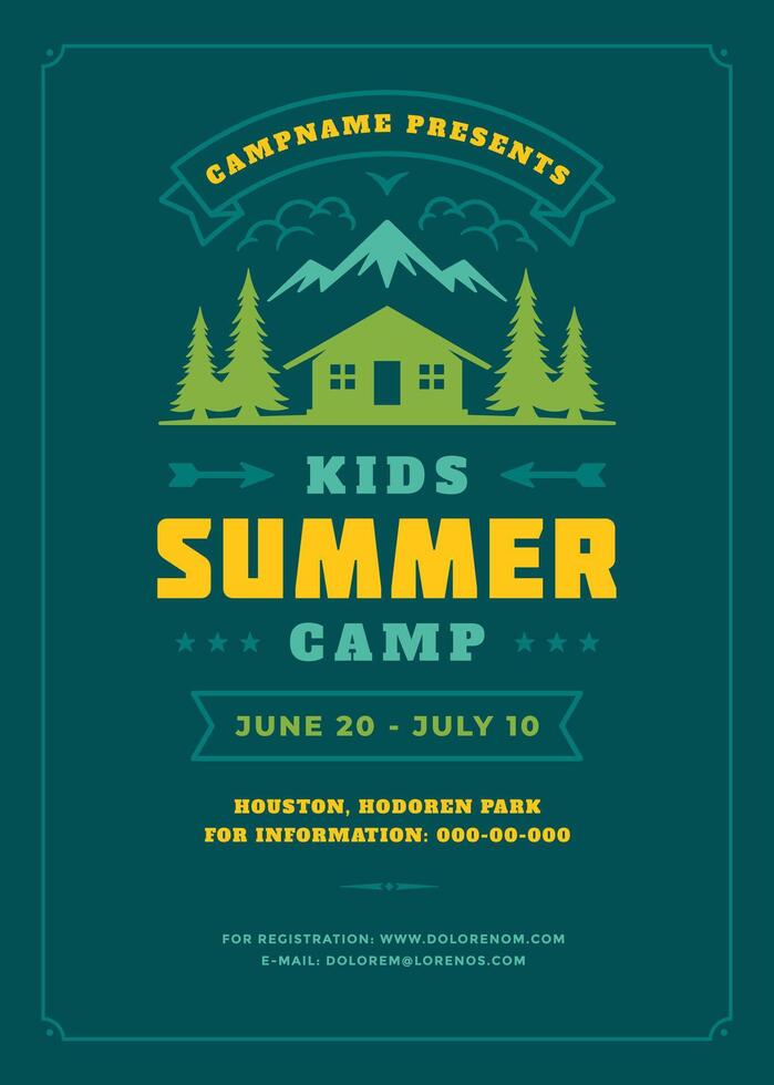 Kids summer camp poster or flyer event retro typography design template and forest lanscape and tent background vector