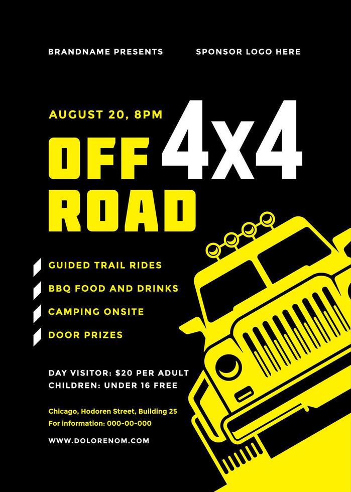 Off road truck competition poster or flyer event modern typography design template and 4x4 suv car silhouette. vector