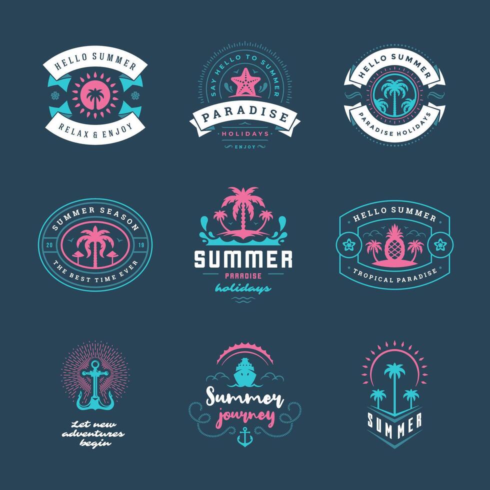 Summer holidays labels and badges retro typography design set. vector