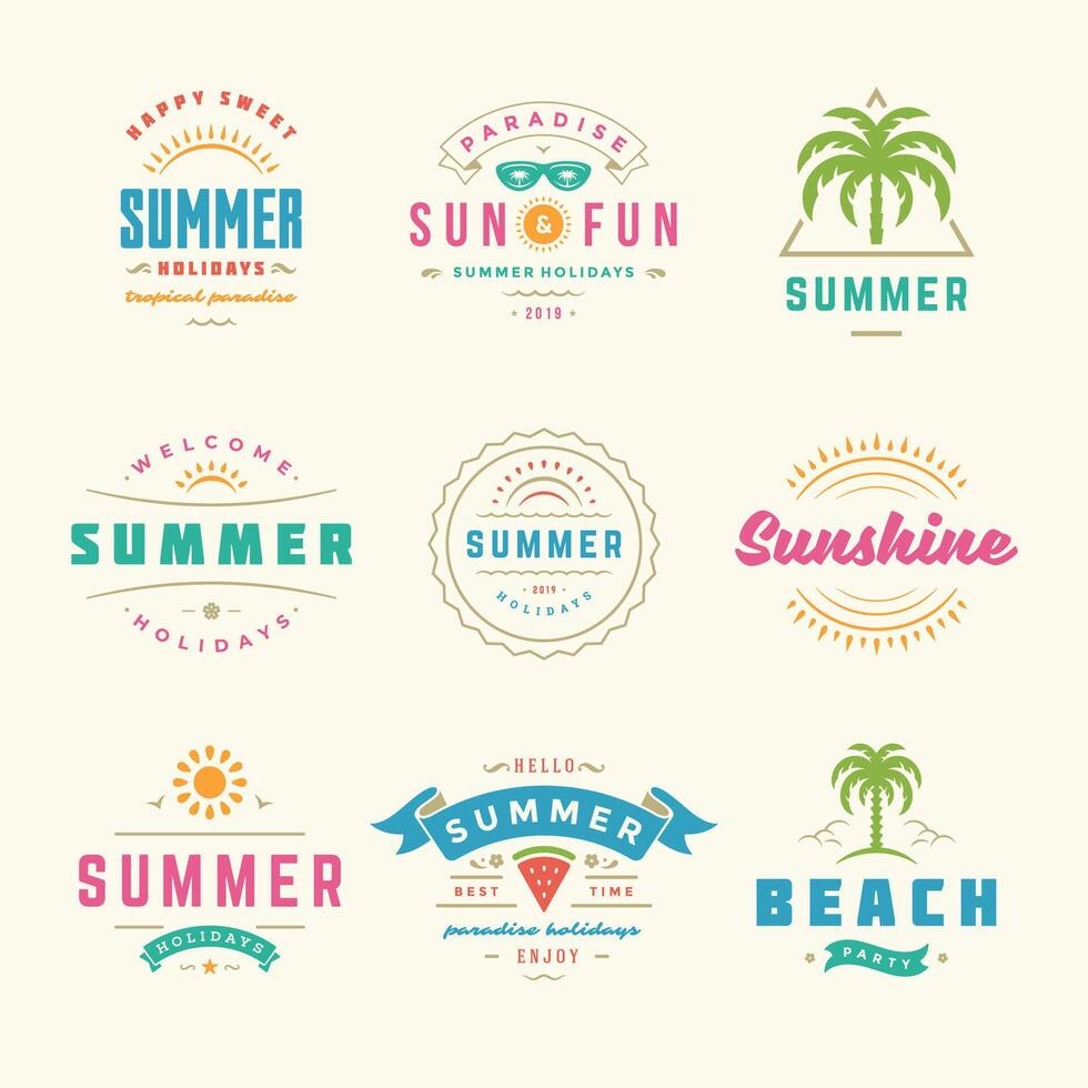 Summer holidays labels and badges retro typography design set. vector