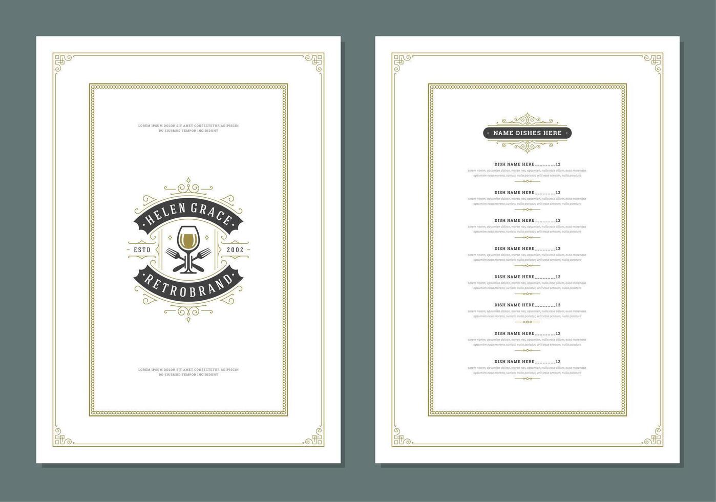 Menu design template with cover and restaurant vintage logo brochure. vector