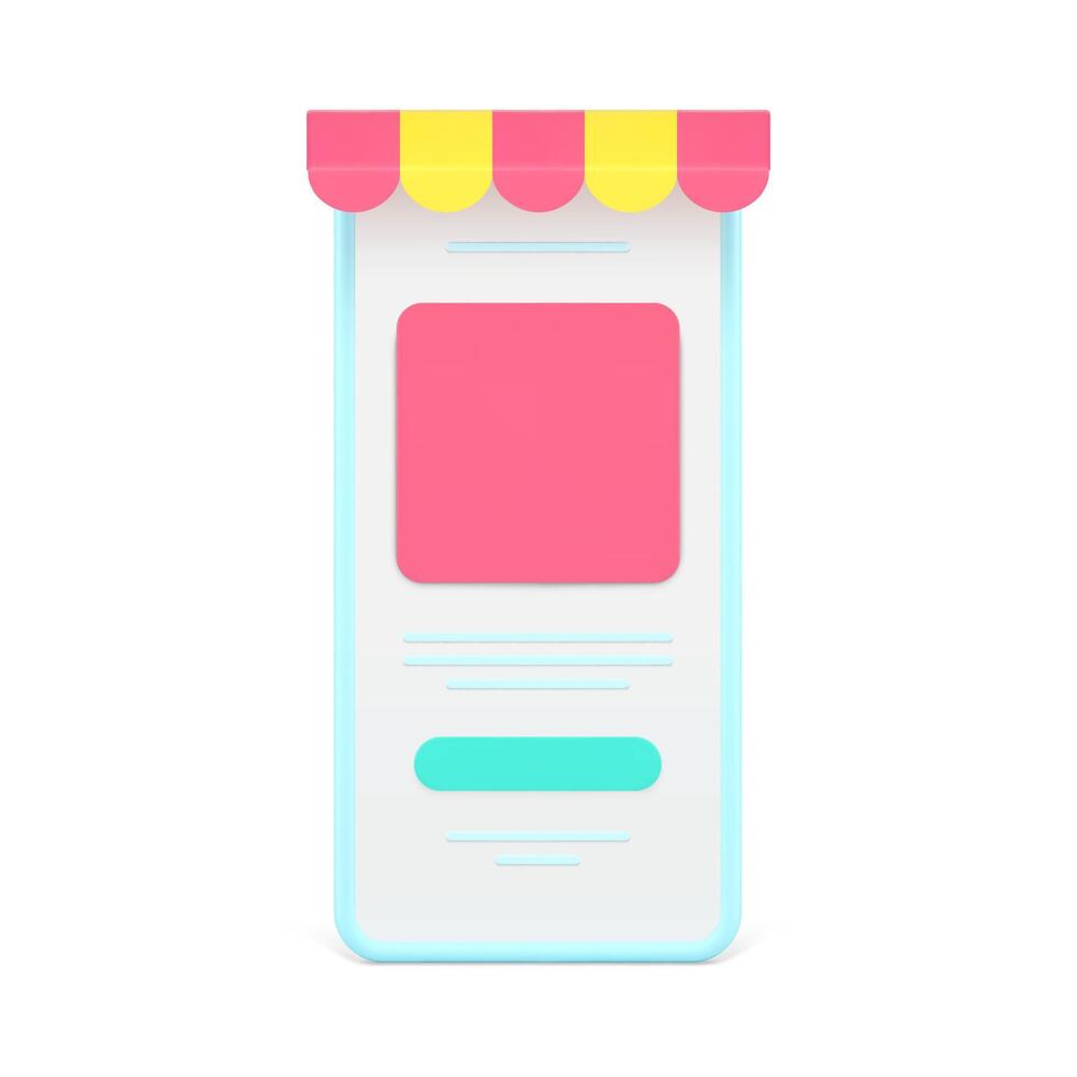 Online store in mobile application 3d icon. Smartphones with colored awnings and web menu vector