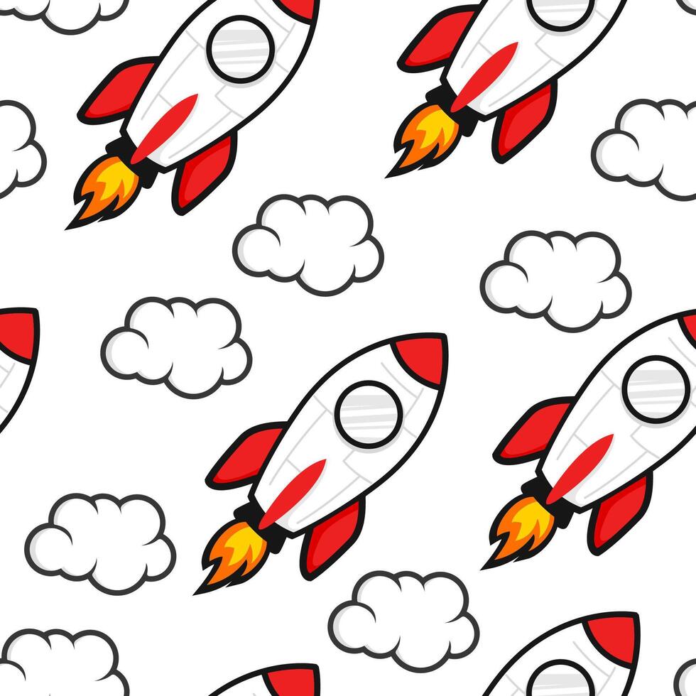 seamless pattern with a rocket, clouds with the sun. rocket cloud seamless pattern. cartoon kids rocket seamless pattern background. flying rocket and cloud seamless pattern background. vector