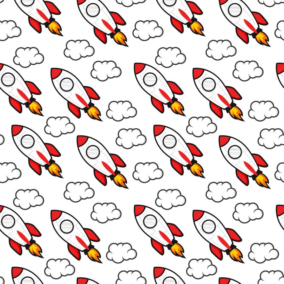 seamless pattern with a rocket, clouds with the sun. rocket cloud seamless pattern. cartoon kids rocket seamless pattern background. flying rocket and cloud seamless pattern background. vector