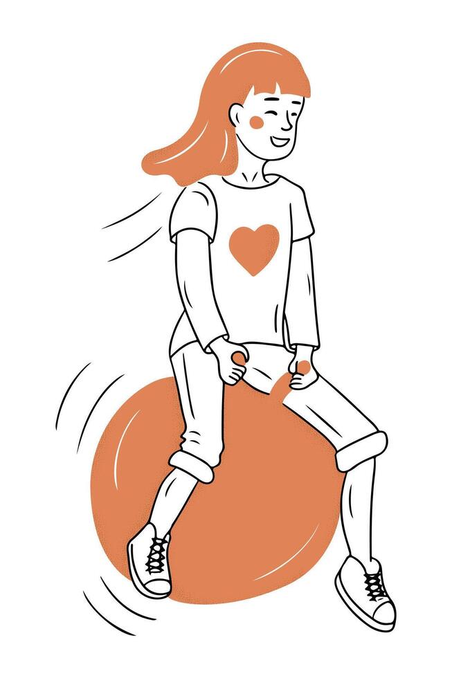 Contrast doodle drawing of girl jumping on fitness ball. Contour flat sketchy illustration isolated on white background. happy childhood concept for logo, sticker vector