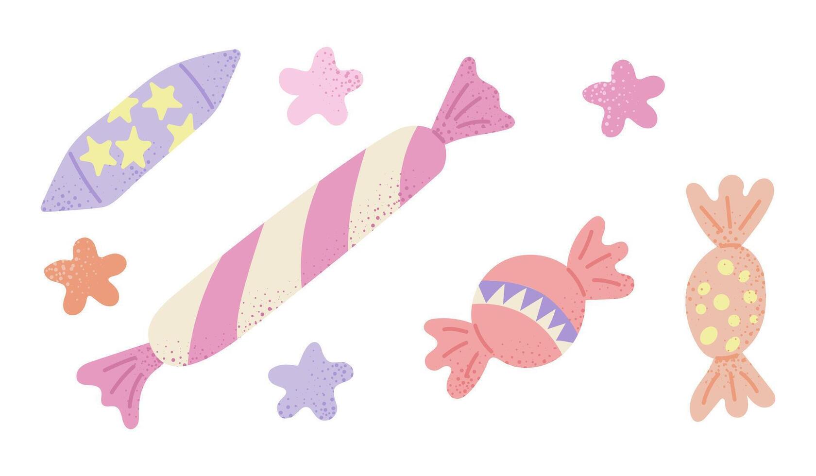 Set of pastel colored hand drawn candies and sweet for kids. holiday illustration. Flat drawings isolated on white background vector