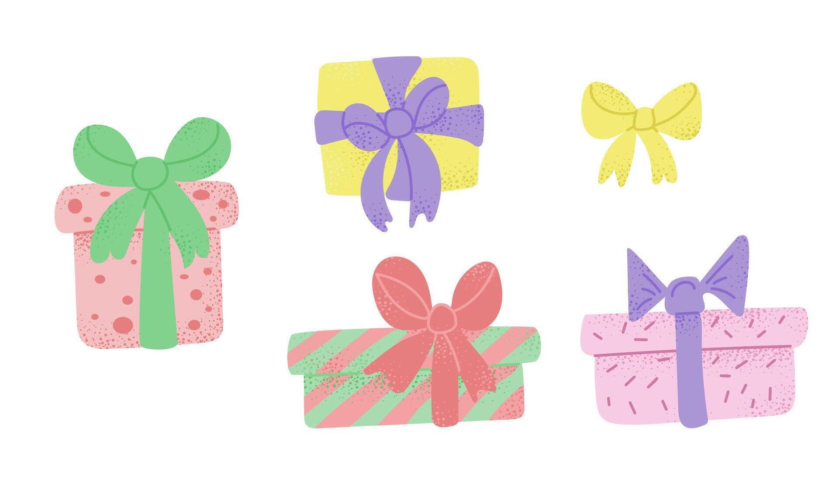 Set of hand drawn colored gift boxes for birthday, anniversary or other holiday in flat candy pastel colors. holiday illustration isolated on white background. vector
