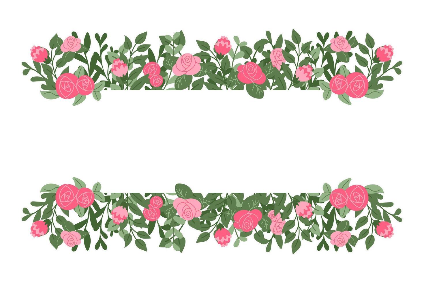 Stylized floral wedding invitation template with copy space. Flat hand drawn abstract simple flowers and leaves. Botanical natural background isolated on white background. vector