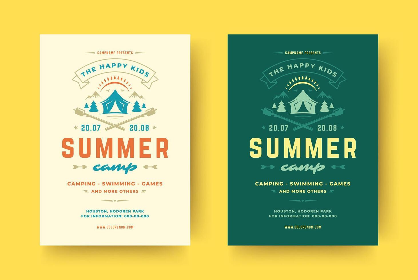 Kids summer camp poster or flyer event retro typography design template and forest lanscape and tent background vector