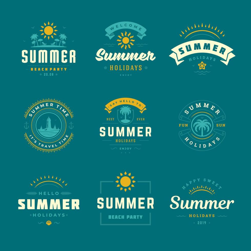 Summer holidays labels and badges retro typography design set. vector