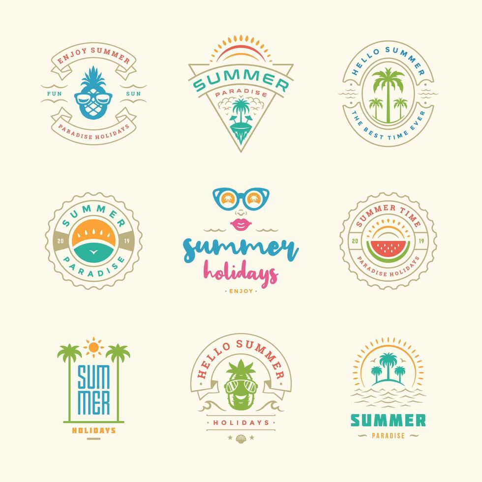 Summer holiday labels and badges retro design set vector