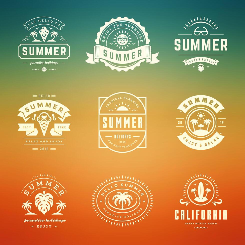 Summer holidays labels and badges retro typography design set. vector