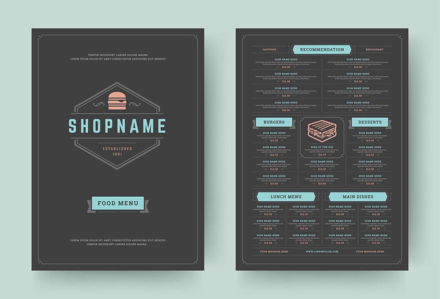 Burger restaurant menu layout design brochure or food flyer template illustration vector