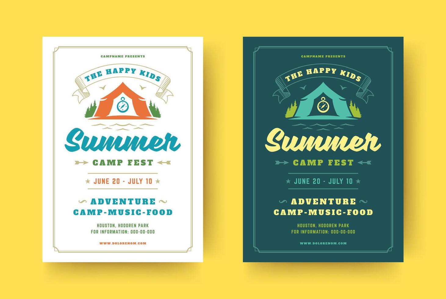 Kids summer camp poster or flyer event retro typography design template and forest lanscape and tent background vector