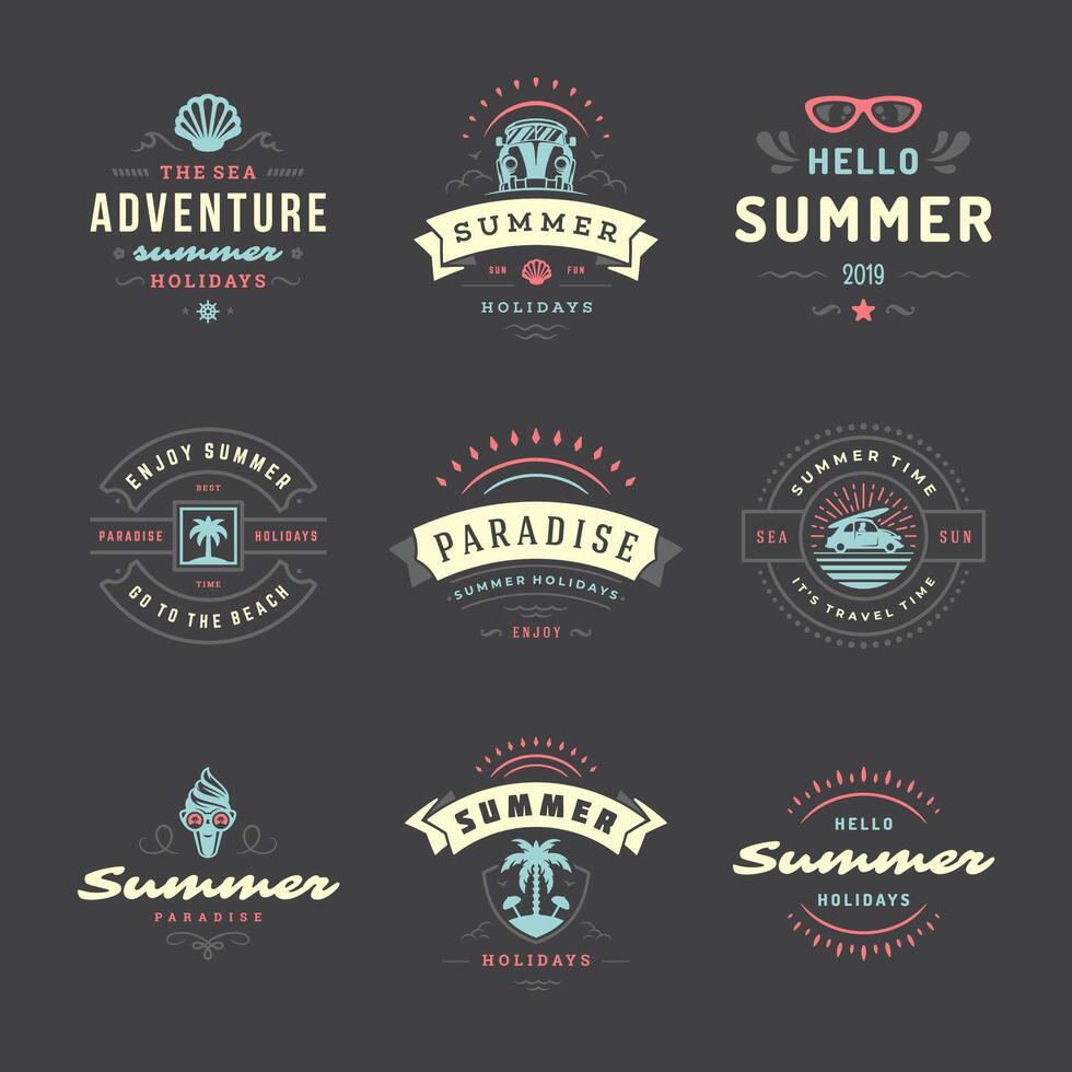 Summer holidays labels and badges retro typography design set. vector