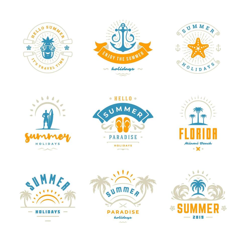 Summer holidays labels and badges retro typography design set. vector