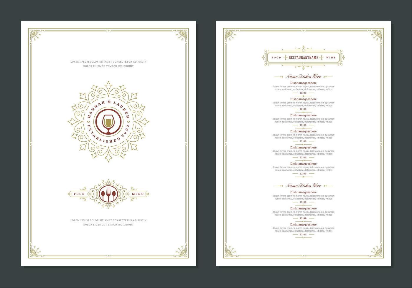Menu design template with cover and restaurant vintage logo brochure. vector
