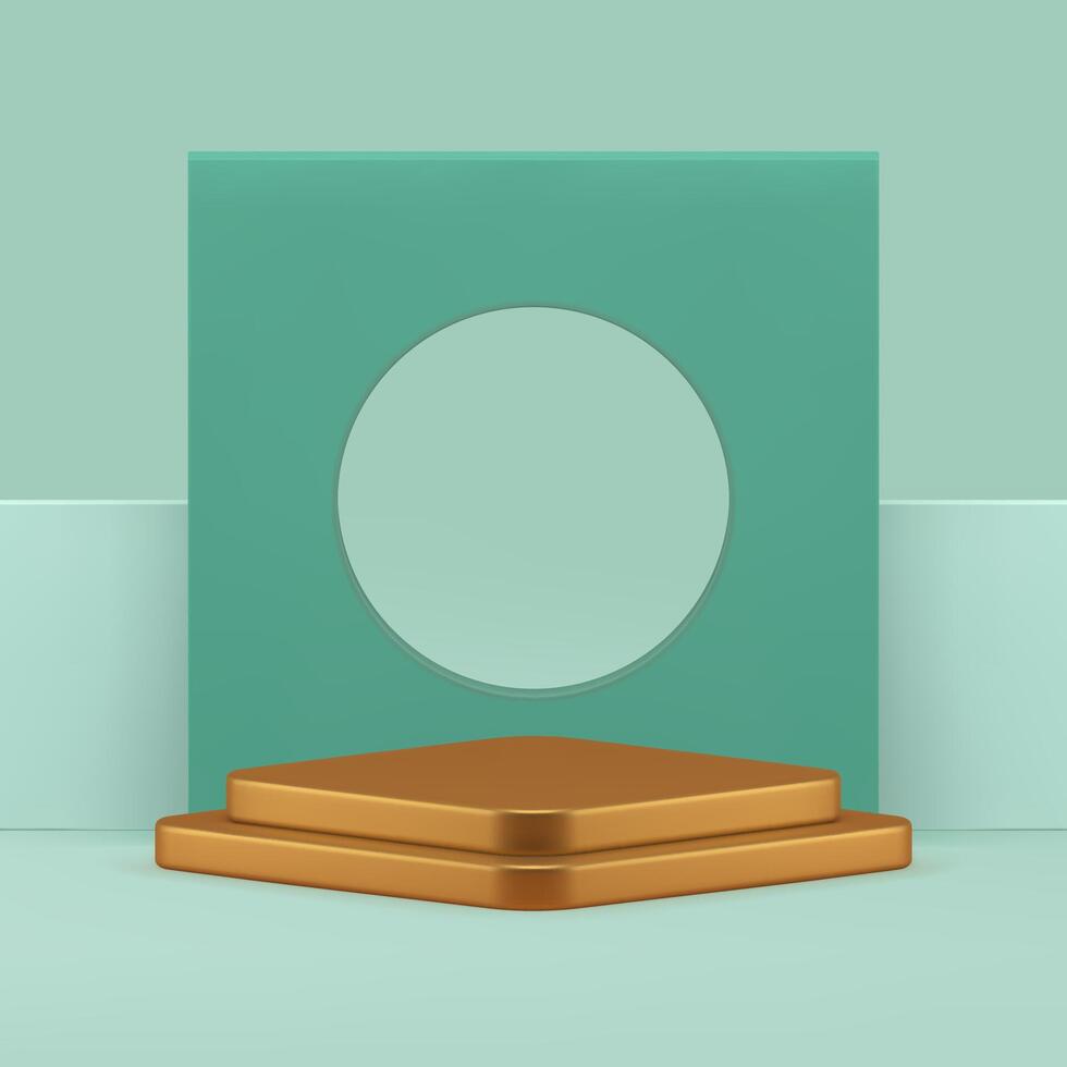 Luxury 3d golden podium pedestal with green geometric wall background realistic vector
