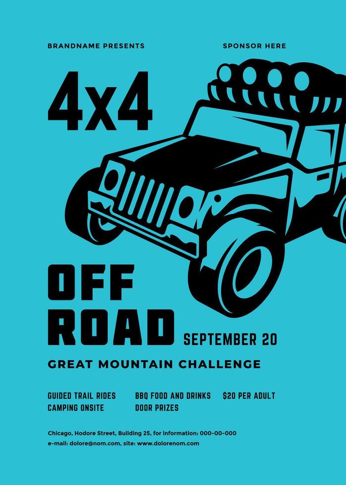 Off road truck competition poster or flyer event modern typography design template and 4x4 suv car silhouette. vector