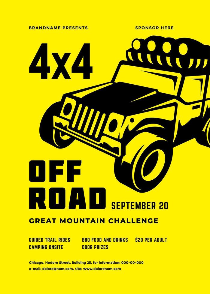 Off road truck competition poster or flyer event modern typography design template and 4x4 suv car silhouette. vector