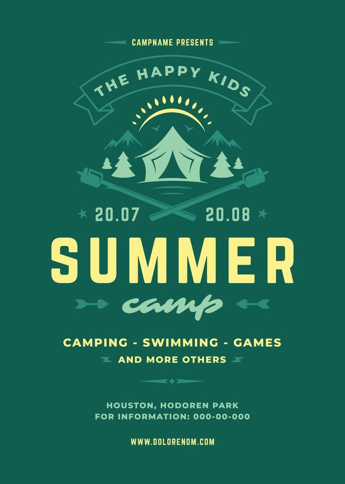 Kids summer camp poster or flyer event retro typography design template and forest lanscape and tent background vector
