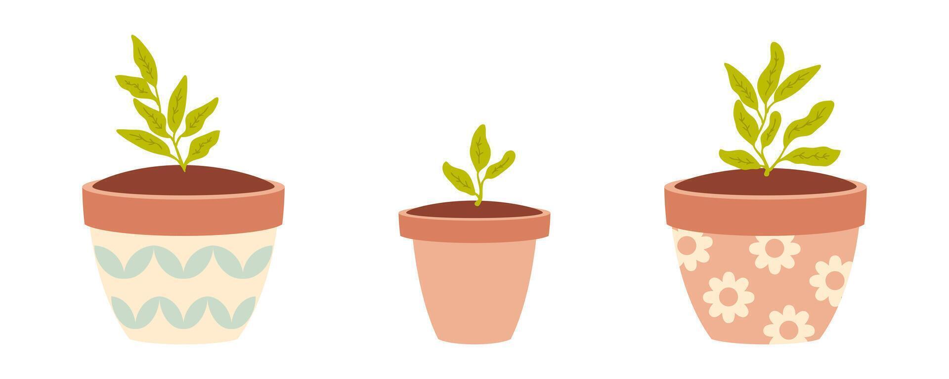 Small plants in a flower pots doodle collection. Hand drawn illustration isolated on white background. vector