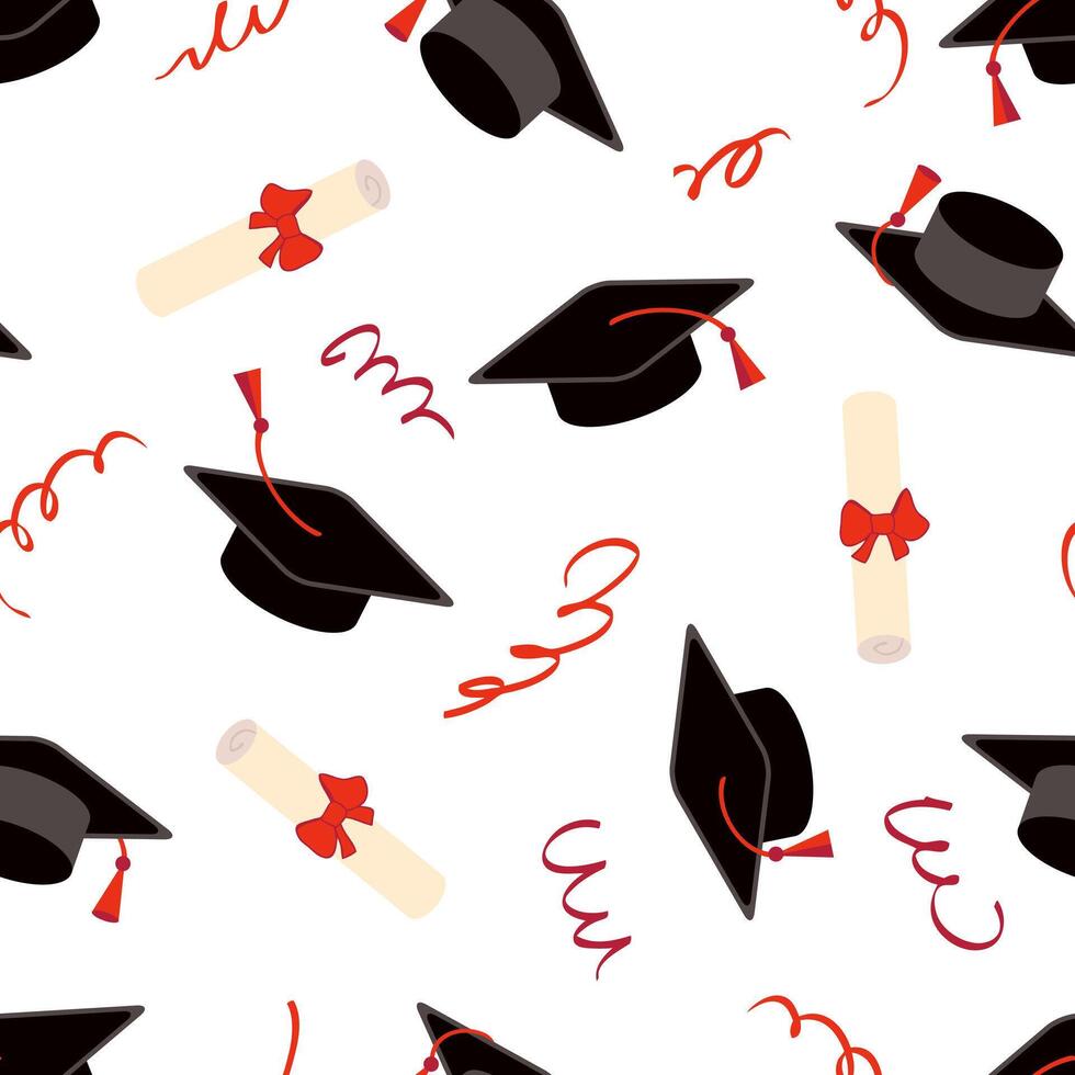 Tassel, cap and certificate graduation seamless pattern. Congratulations graduates celebration design for college, high school, university. Hand drawn illustration. vector