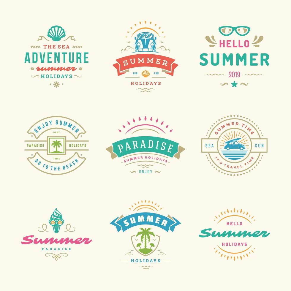 Summer holidays labels and badges retro typography design set. vector