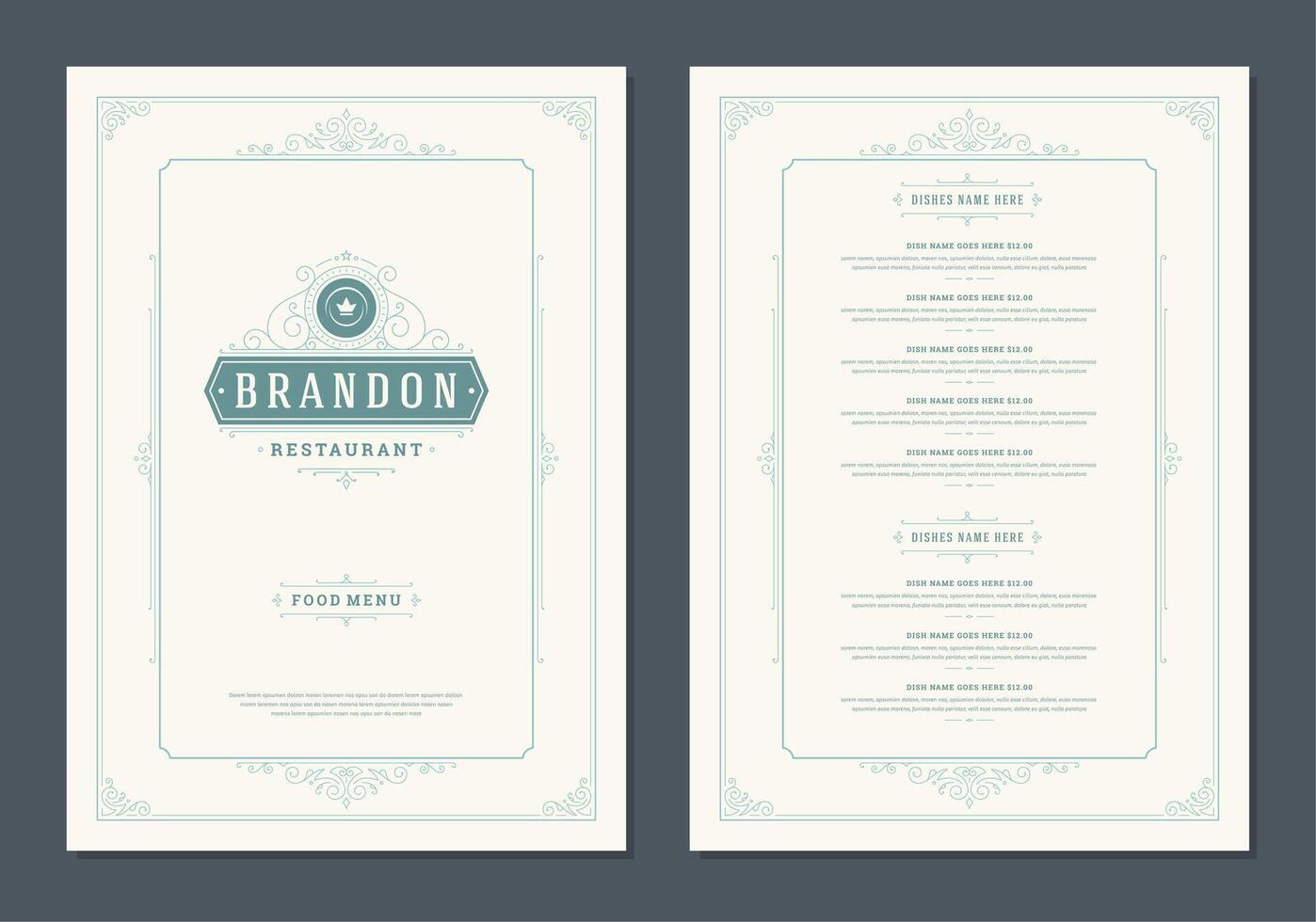 Menu design template with cover and restaurant vintage logo brochure. vector