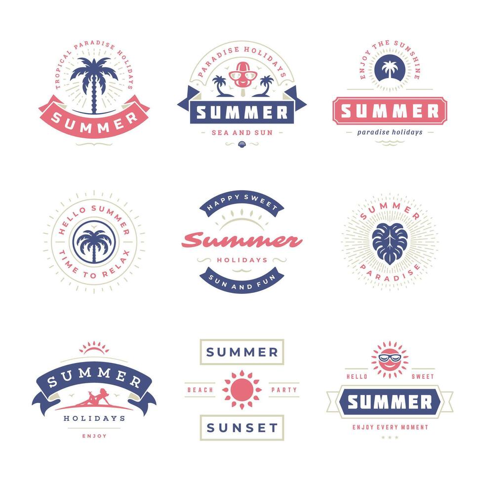 Summer holidays labels and badges retro typography design set. vector