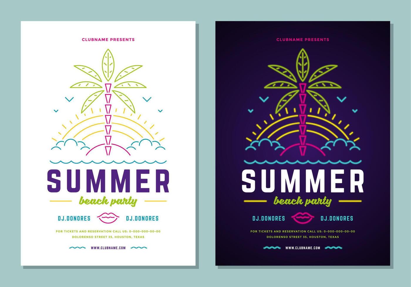 Summer beach party flyer or poster template neon signage vector