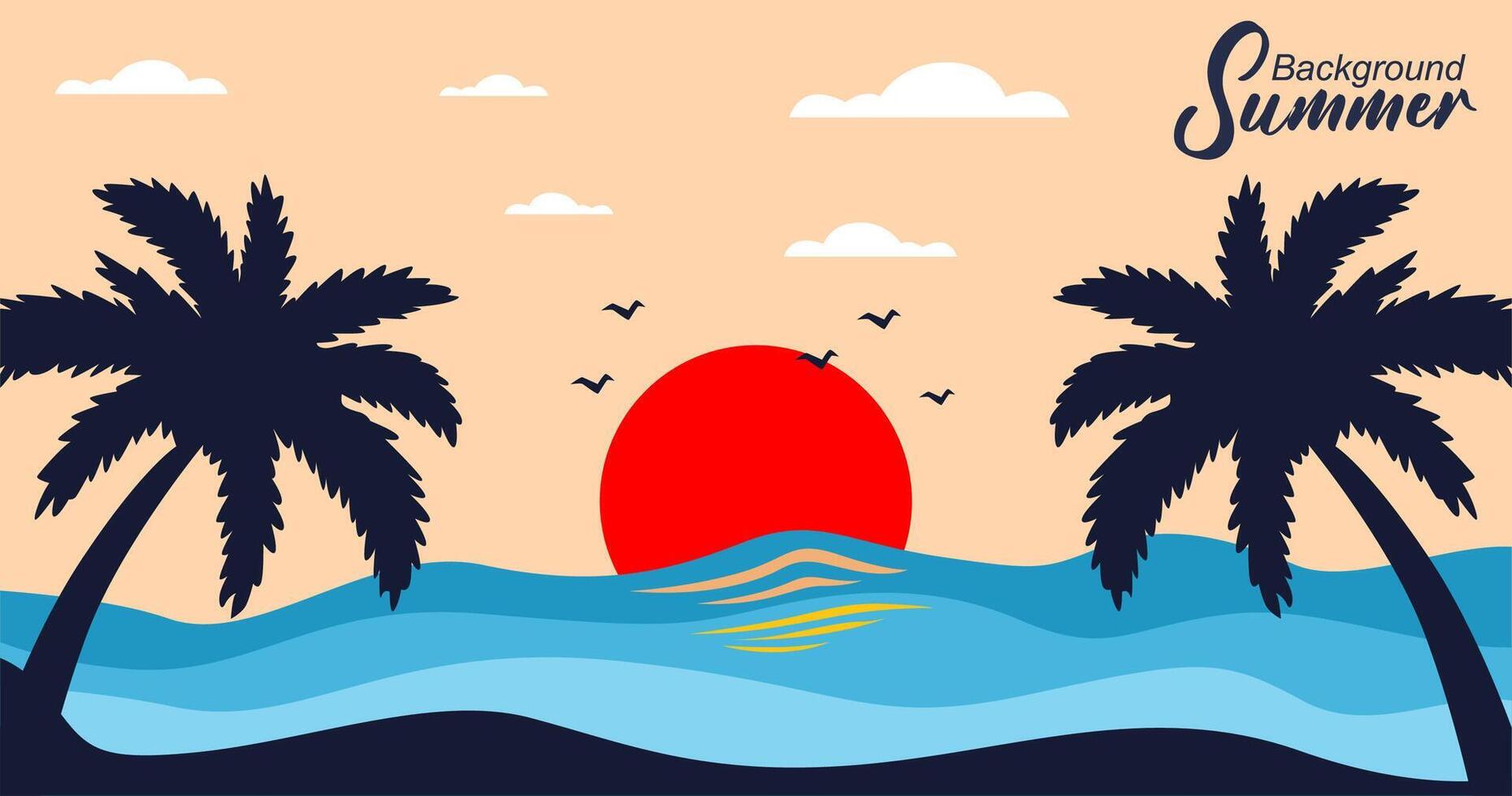 Palm tree silhouette sea view with sun background at dusk. vector
