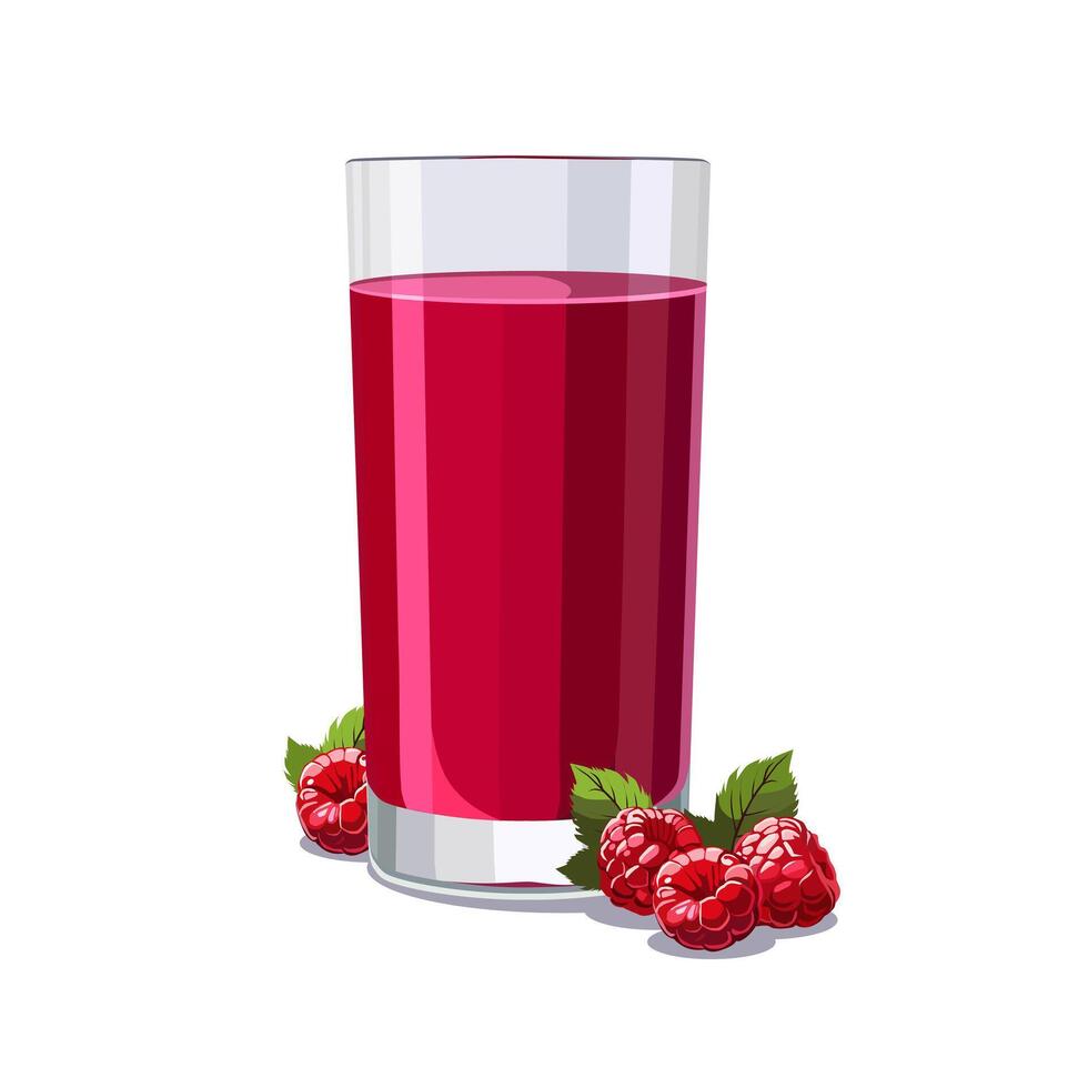Full glass of red freshly and healthy squeezed raspberries juice isolated on white background. illustration in flat style with berry drink. Summer clipart for card, banner, flyer, poster design vector