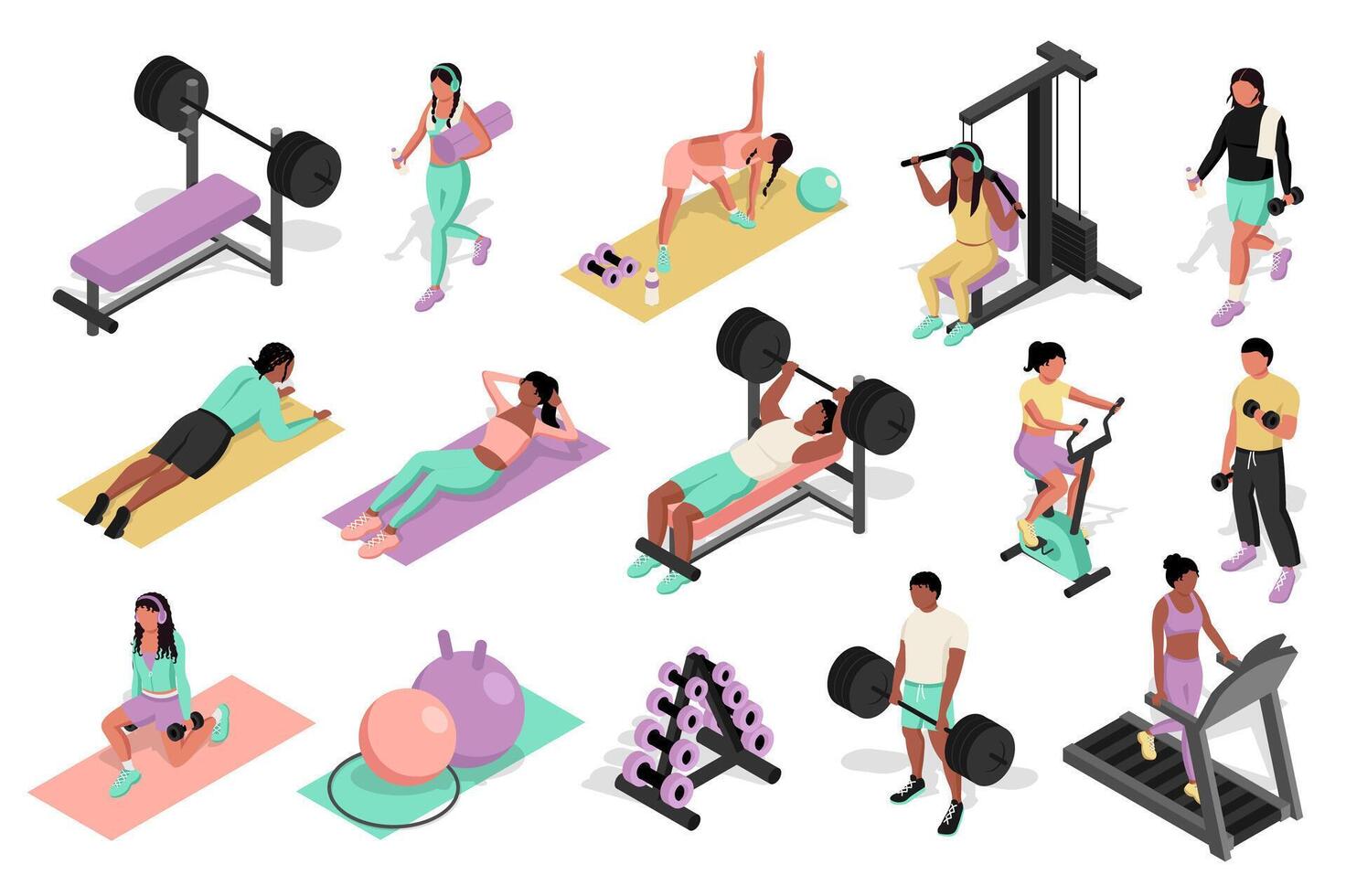 Fitness gym 3d isometric mega set. Collection flat isometry elements of people training at treadmills and cycling, doing yoga and pilates, lifting barbell, exercising dumbbells. illustration. vector