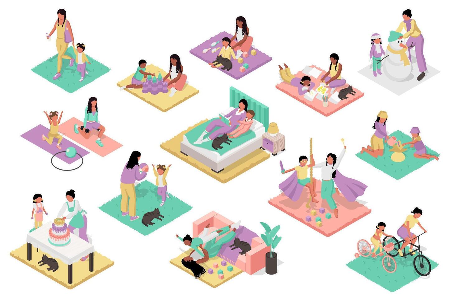 Mothers and kids activity 3d isometric mega set. Collection flat isometry elements of mom with child walking, playing, training, reading, cooking, celebrating, cycling together. illustration. vector
