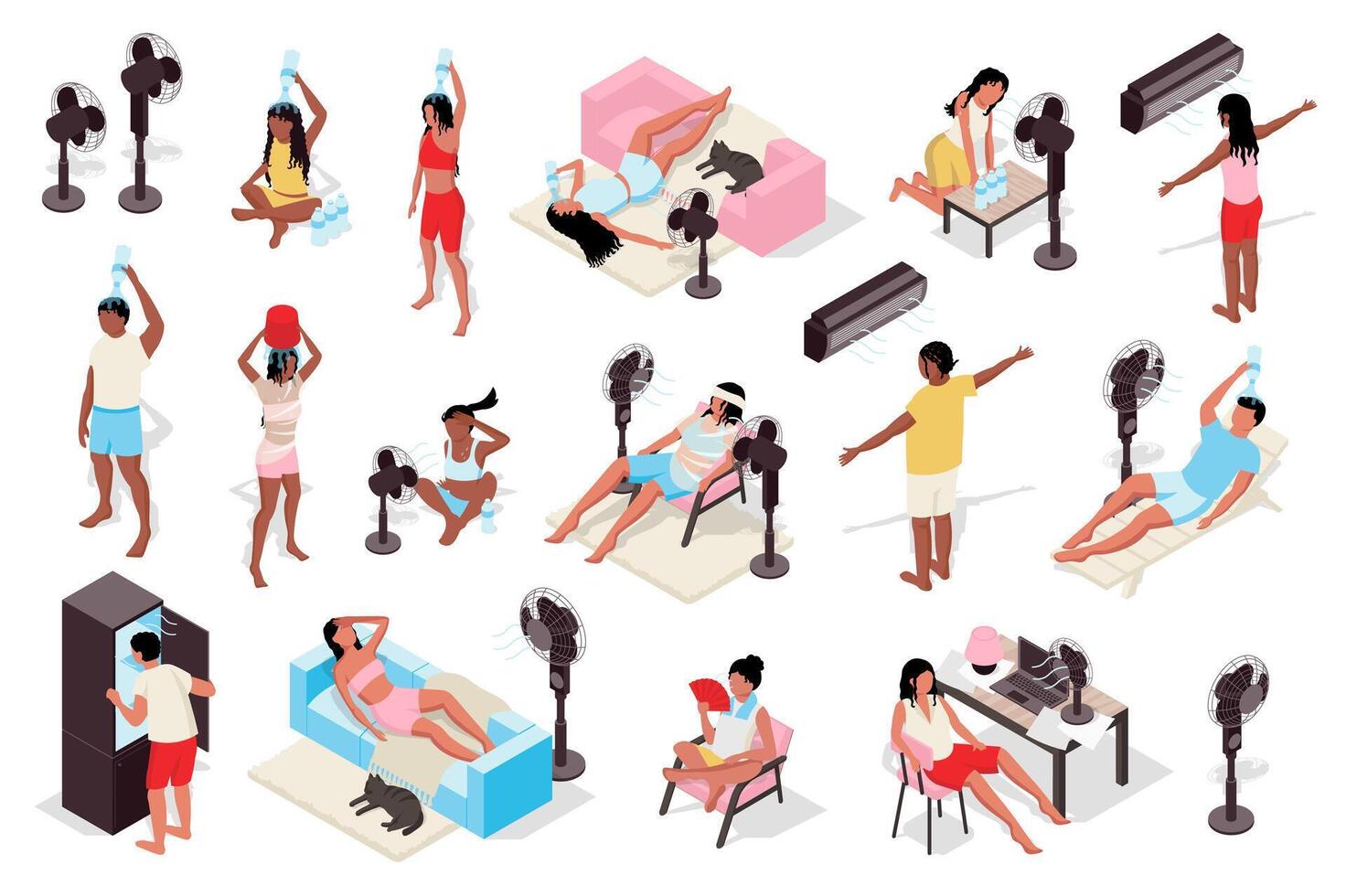 Hot weather 3d isometric mega set. Collection flat isometry elements of people sweating and heat suffering, cooling with conditioners, lying under ventilators, pouring cold water. illustration. vector