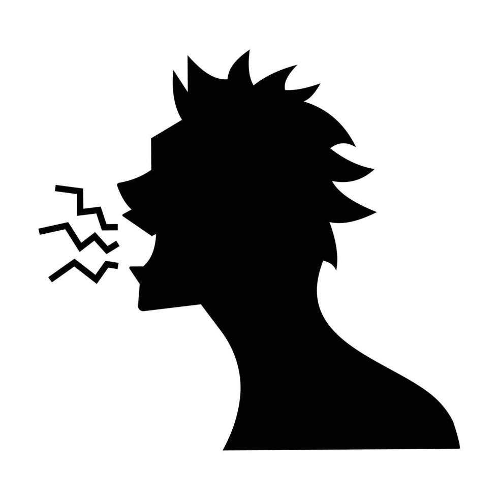 Young man silhouette face profile shouting icon sign illustration shadow isolated on square white background. Simple flat cartoon art styled drawing for poster prints. vector