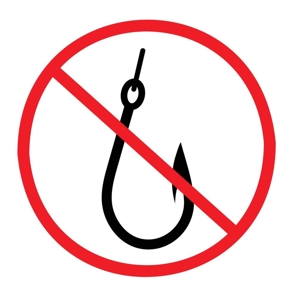 No fishing with fishing hook and red circle cross icon sign illustration isolated on square white background. Simple flat cartoon art styled drawing for poster prints. vector
