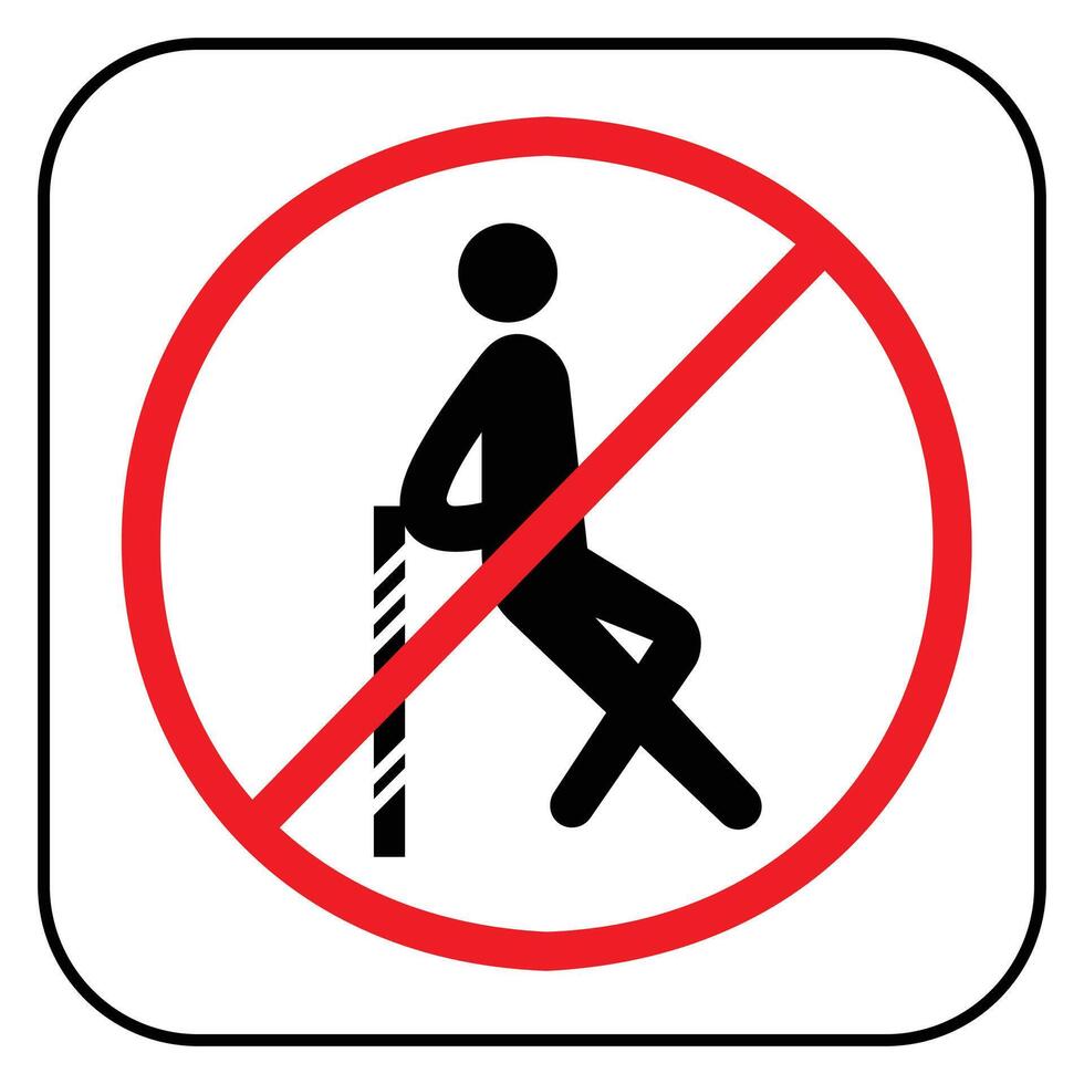 Do not lean on glass railing or fence icon sign illustration with red circle cross isolated on square white background. Simple flat cartoon styled drawing for poster prints. vector